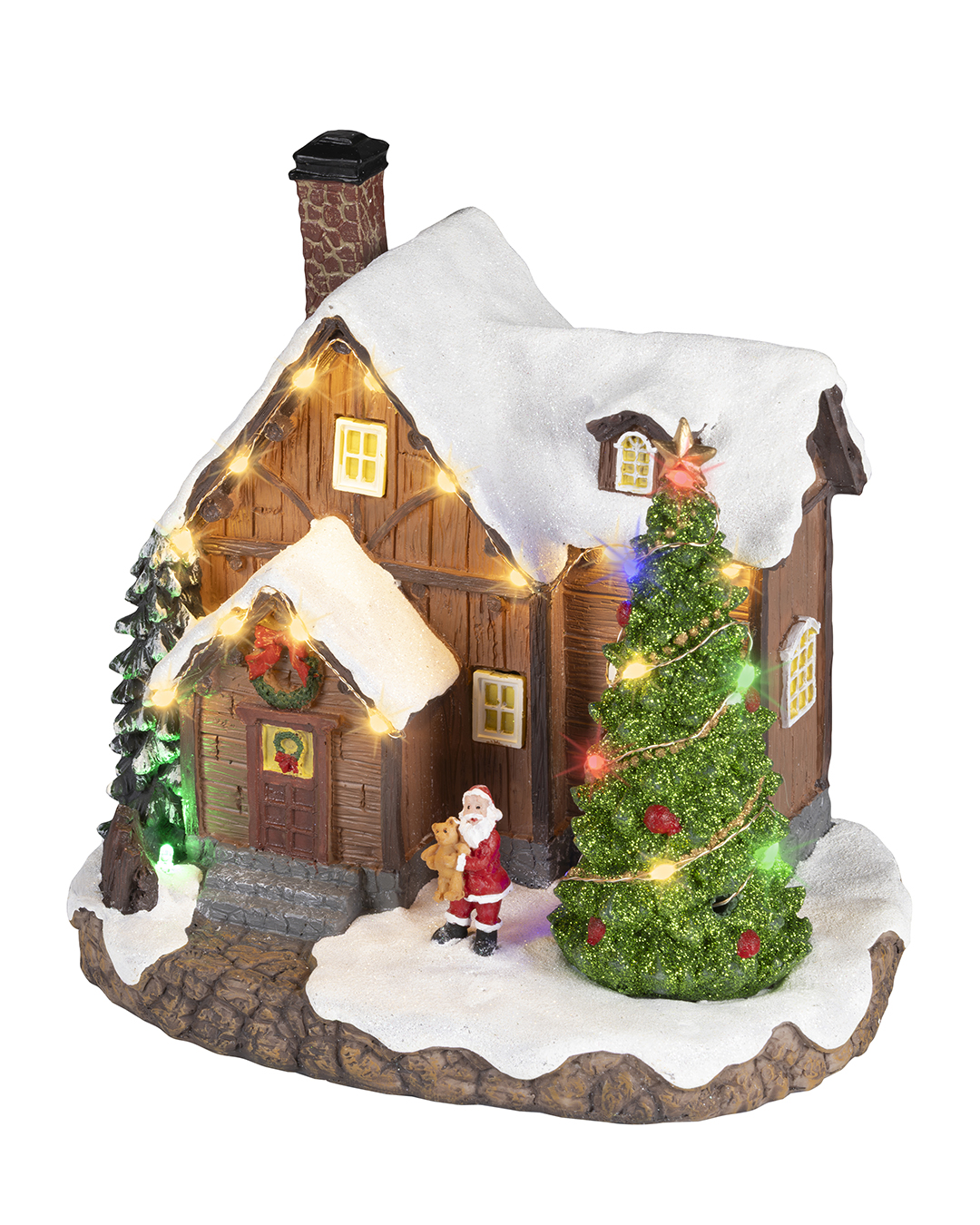 Juleby hus med nisse og juletre H19,5 cm