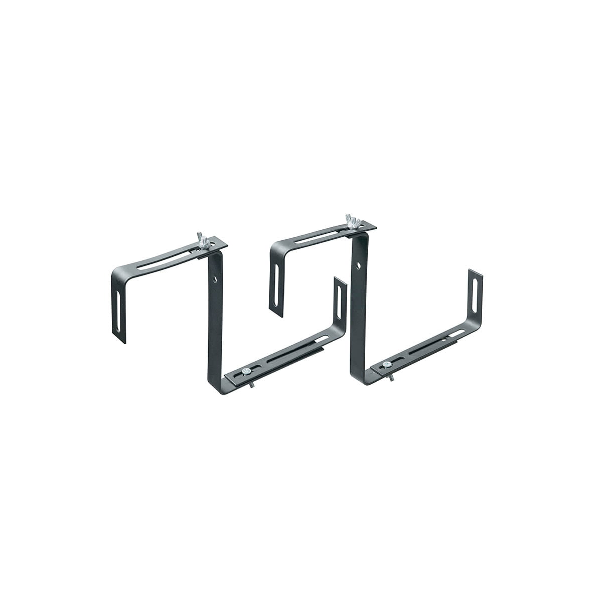 Konsoll eller brakett for opphenging av verandakasser på vegg eller en verandarekke. i svartlakkert stål