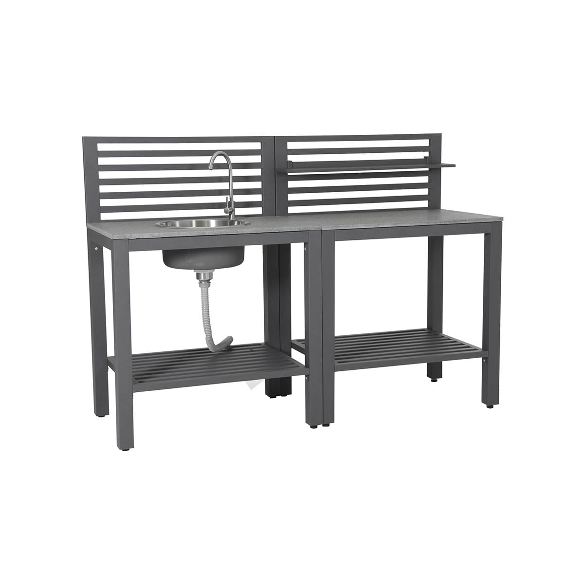 Bellac utekjøkken kommer i ulike moduler, både med og uten vask. Finnes i hvit eller sort matt aluminium med stenplate