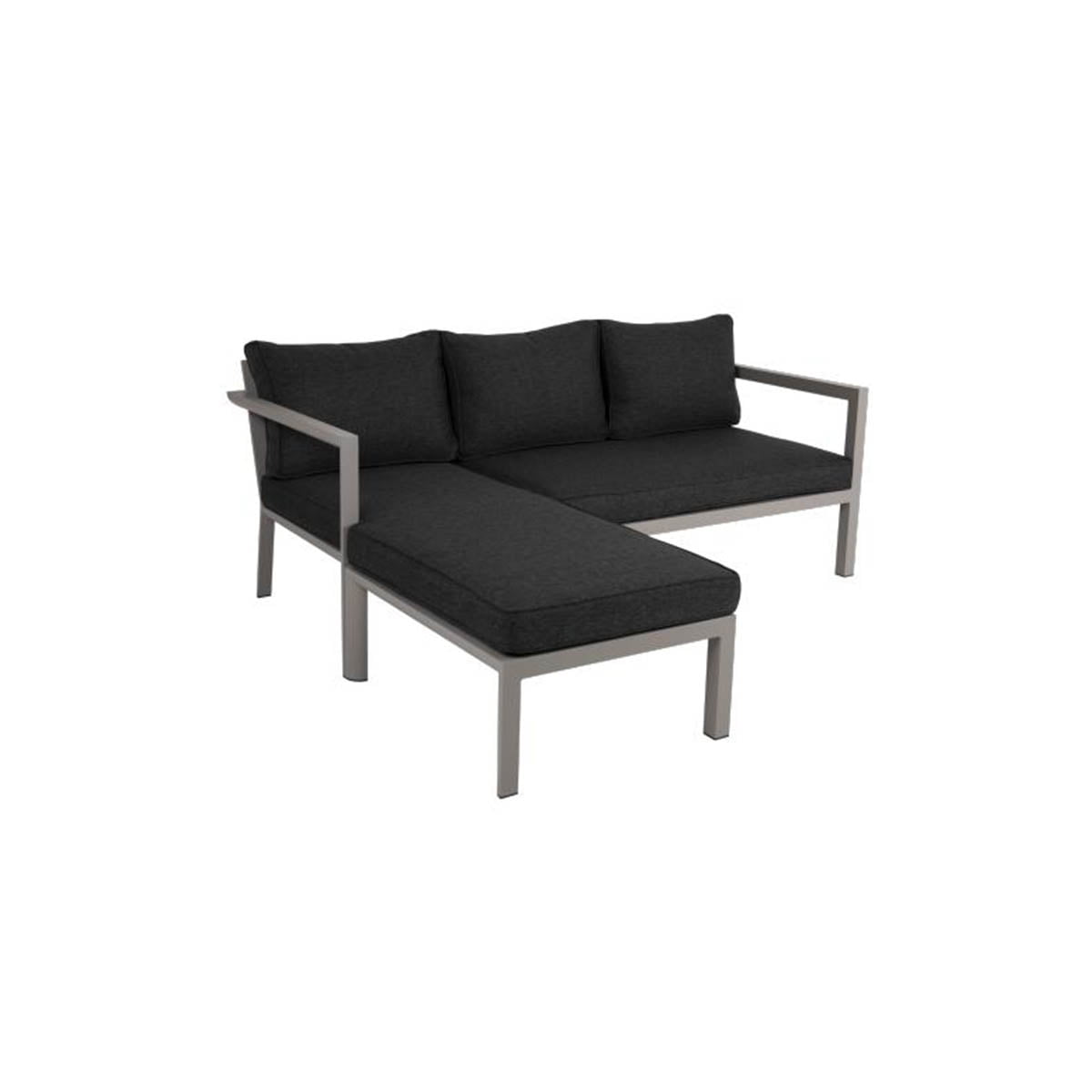 Sjeselongsofa i khaki med mørkgrå pute i olefinstoff. Olefinstoffet har høy lys-og fargeekthet og som tørker fort