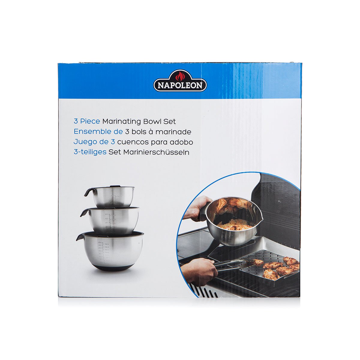 Innpakningen til Napoleon bollesett med 3 stålboller med silikonlokk