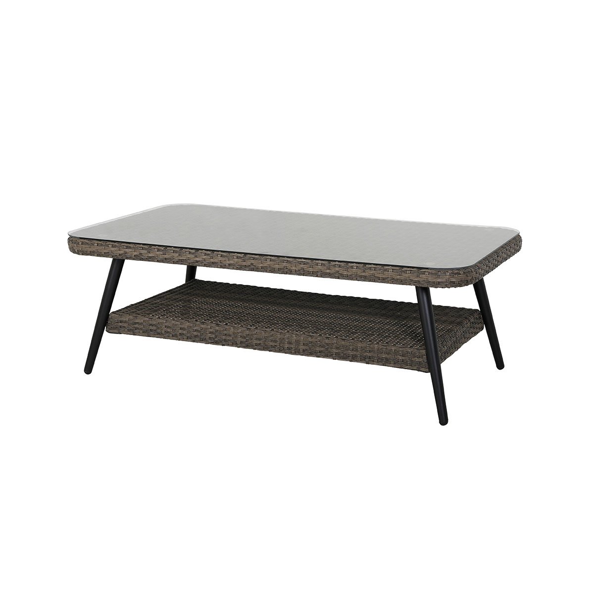 Bord med ramme i aluminium som er trukket med naturfarget kunstrotting. Bordtopp i glass.