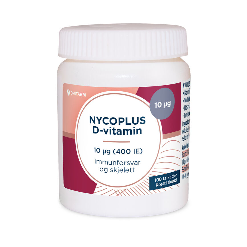 Bilde av en flaske med Nycoplus D-vitamin (10 µg), 100 tabletter, støtter immunforsvar og skjelett.