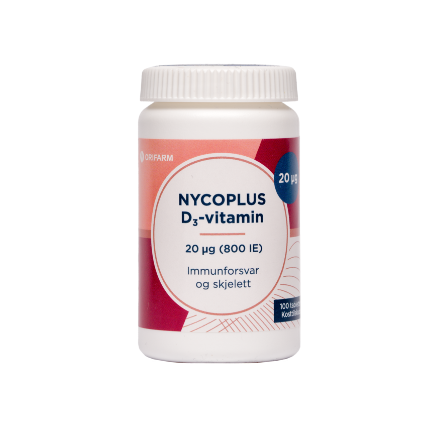 Nycoplus D3-vitamin 20 µg (800 IE) for immunforsvar og skjelett. 100 tabletter i kosttilskuddsform fra Orifarm.