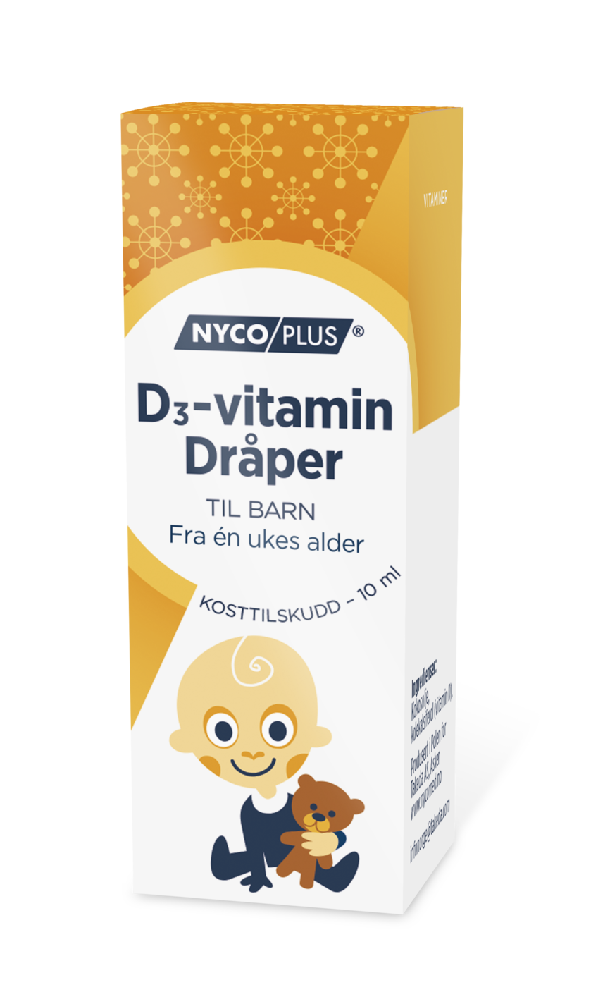 Et bilde av emballasjen til Nycoplus D3-vitamin dråper for barn, egnet for bruk fra én ukes alder. Produktet er et kosttilskudd i en 10 ml flaske som skal bidra til et sunt immunforsvar og skjelett hos små barn