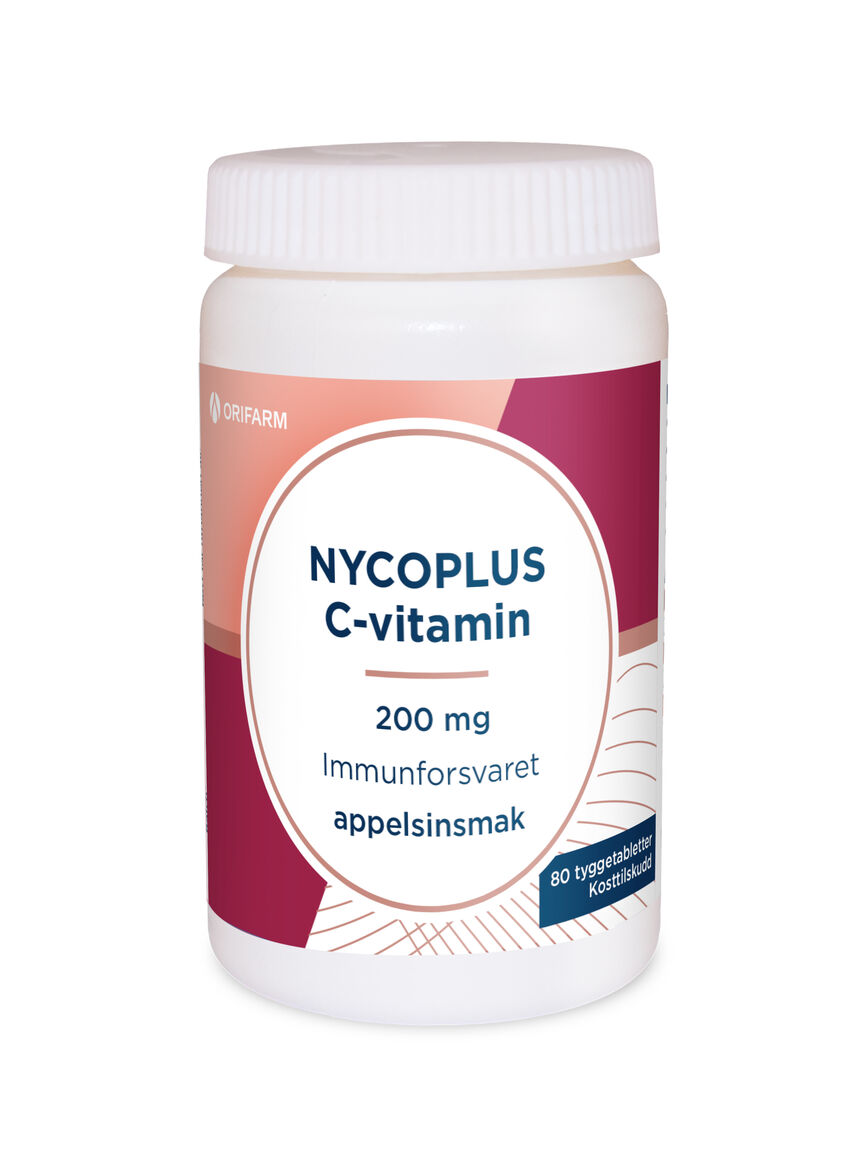 Nycoplus C-vitamin 200 mg tyggetabletter med appelsinsmak, 80 stk. Kosttilskudd for å støtte immunforsvaret.