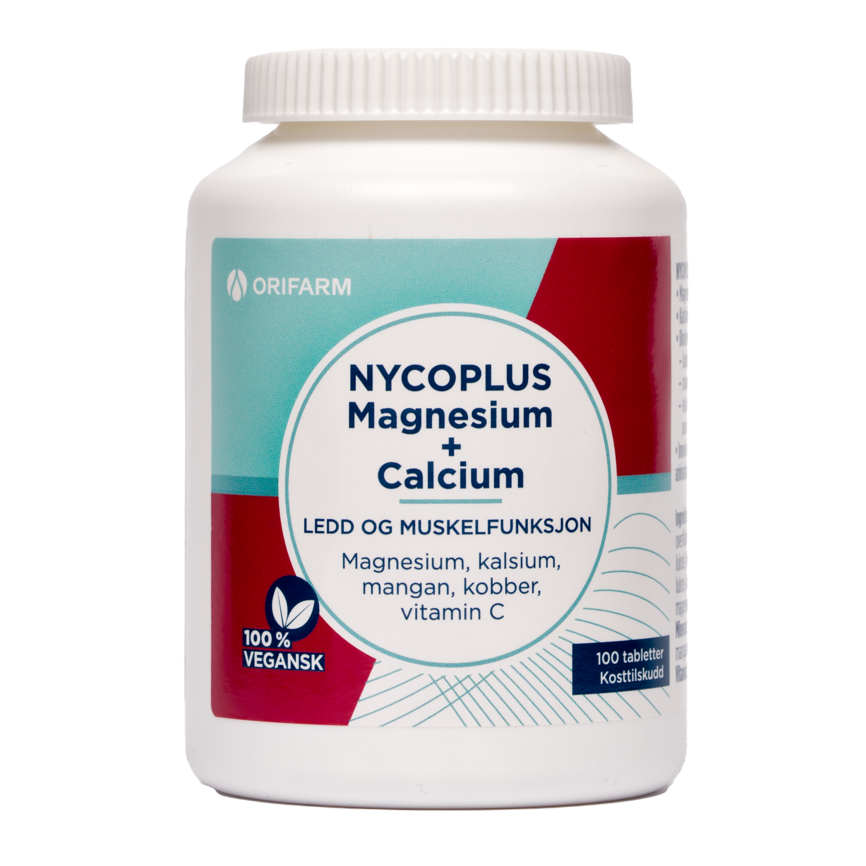 Flaske med Nycoplus Magnesium + Kalsium kosttilskudd, etikett viser "For ledd og muskelfunksjon", med 100 tabletter, 100 % vegansk