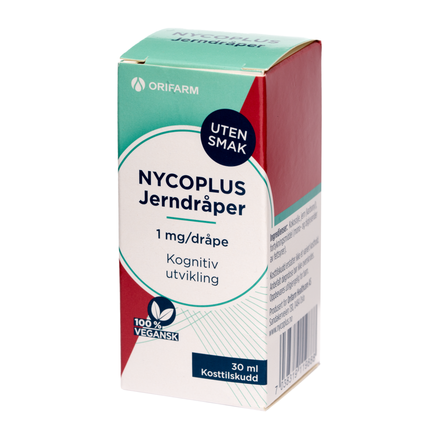 Nycoplus Jerndråper 1 mg per dråpe, uten smak, 30 ml kosttilskudd, designet for kognitiv utvikling, 100% vegansk.