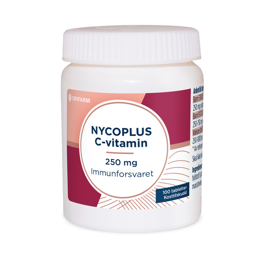 Nycoplus C-vitamin 250 mg tablettboks, med fokus på immunforsvaret. Pakningen inneholder 100 tabletter kosttilskudd, og produktet er fra Orifarm.