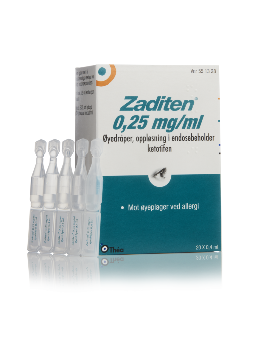 Bildet viser en eske med Zaditen øyedråper i endosebeholdere, som brukes til behandling av øyeplager ved allergi. Produktet inneholder ketotifen og er spesielt formulert for å lindre symptomer som kløe og irritasjon forårsaket av allergiske reaksjoner. Esken inneholder 20 enheter à 0,4 ml.