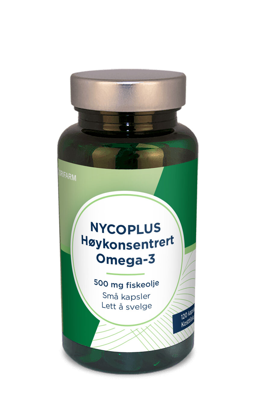 En flaske med grønn etikett som inneholder Nycoplus Høykonsentrert Omega-3. Produktet inneholder 500 mg fiskeolje, kommer i små kapsler som er lette å svelge, og inneholder 120 kapsler i totalt.