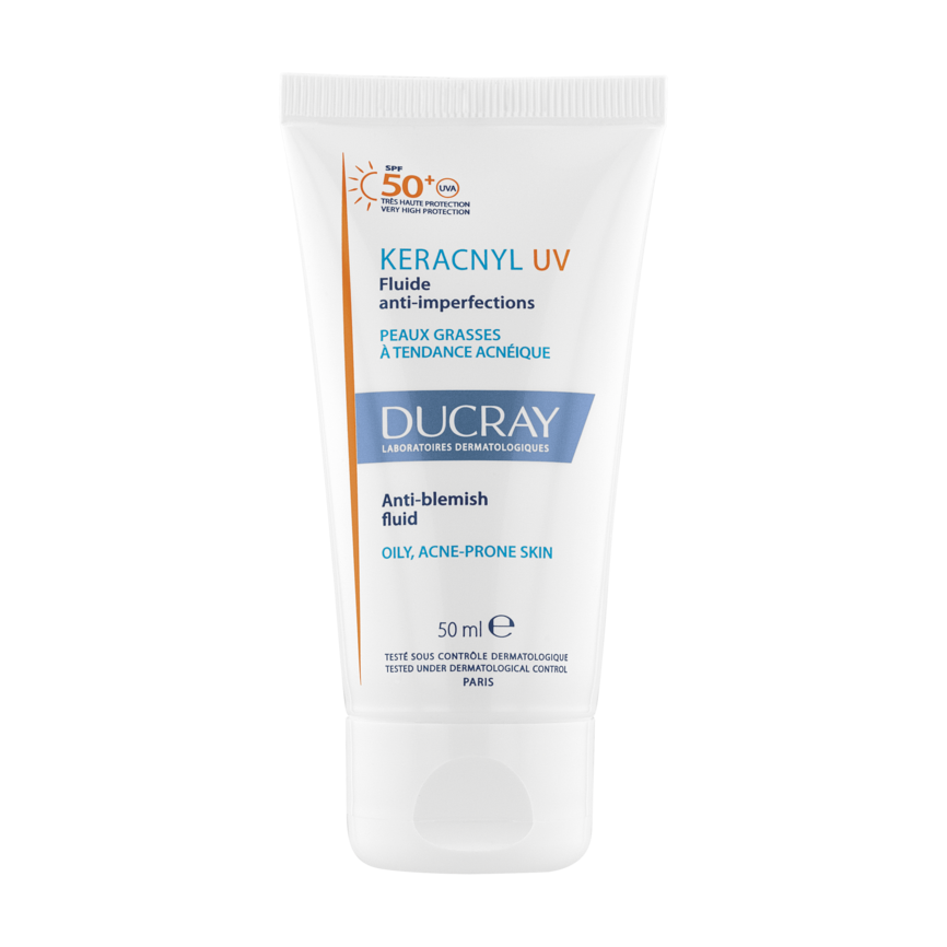 Bilde av en flaske med Ducray Keracnyl UV Fluid SPF50+ til uren hud 50 ml