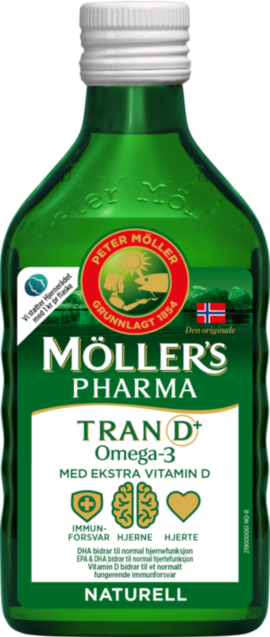 Bilde av en flaske med Møllers pharma tran D+ naturell smak 250ml