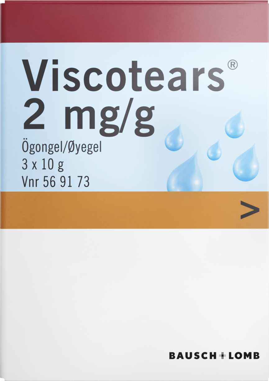 Bilde av en pakke med Viscotears øyegel 2mg/g 3X10 G. Brukes for tørre øyne. 