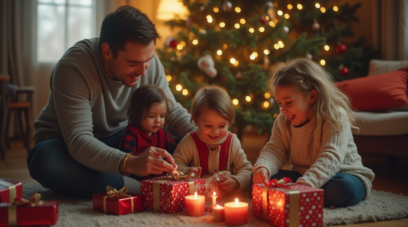 Bilde av en familie som åpner julegaver