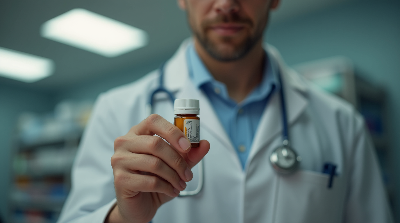 Bilde av en farmasøyt som holder en boks med medisiner