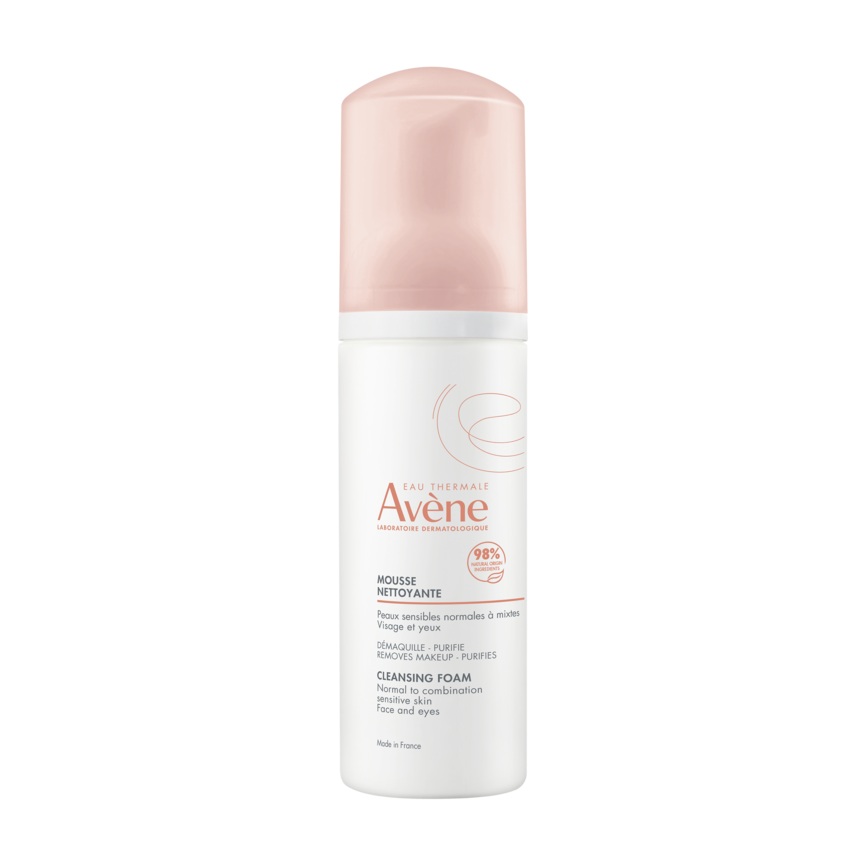 Bilde av en flaske med Avène Cleansing Foam Mattifying 150 ml. Flasken er hvit og rosa. 