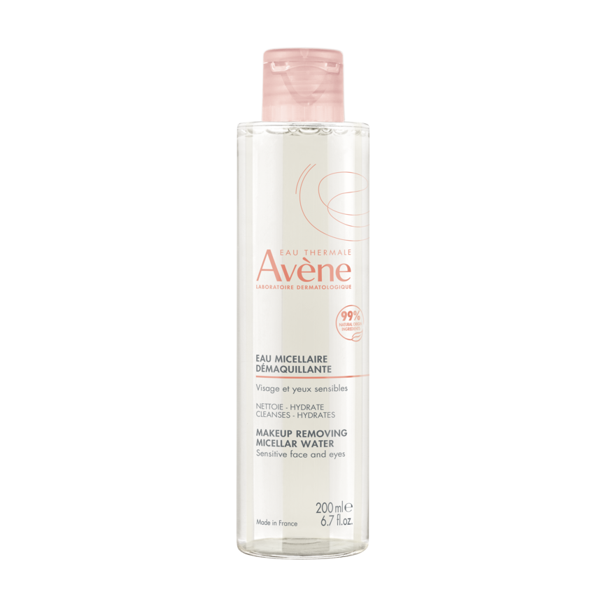 Bilde av en tube med Avène Micellar Lotion Rensevann. Tuben er gjennomsiktig og rosa.