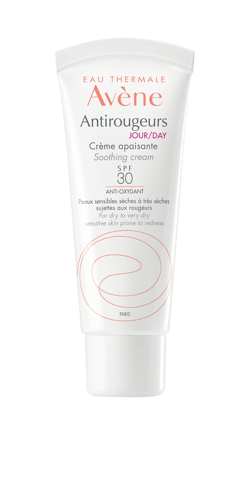 Bilde av forsiden av en Avène Anti-Redness Cream SPF30 tube. Tuben er hvit med oransje elementer og skrift.