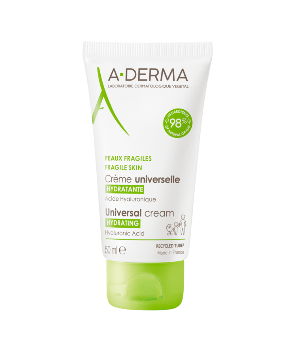 Bilde av en dube med A-Derma Universal Cream. Tuben er hvit og lysegrønn