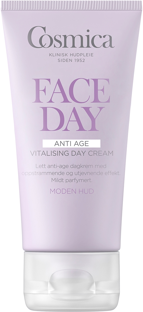 Bildet viser en tube med Cosmica Face Day Anti Age Vitalising Day Cream, en lett dagkrem for moden hud med oppstrammende og utjevnende effekt. Kremen er mildt parfymeret og er utviklet for å redusere aldringstegn og revitalisere huden.