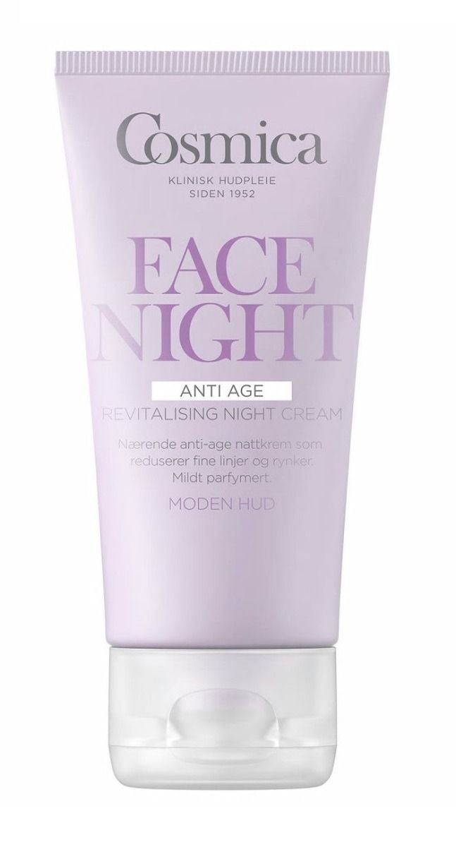 Bilde av en tube med Cosmica Face Anti-Age Revitalising Night cream. Tuben er lilla. 