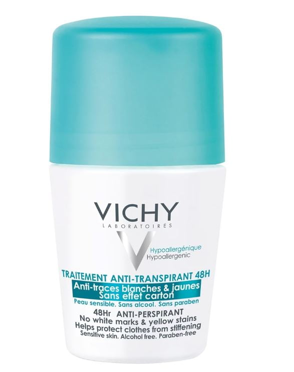 Bilde av en flaske med Vichy Anti-Perspirant Anti-Trace 48H 50 ml. Flasken er hvit og blå kork. 