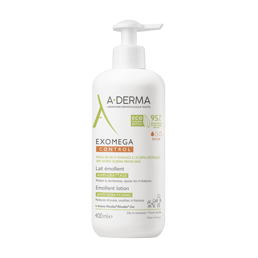 A-Derma Exomega Control Lait Emollient 400ml flaske, for tørr hud med tendens til eksem, anti-kløe og mykgjørende lotion.