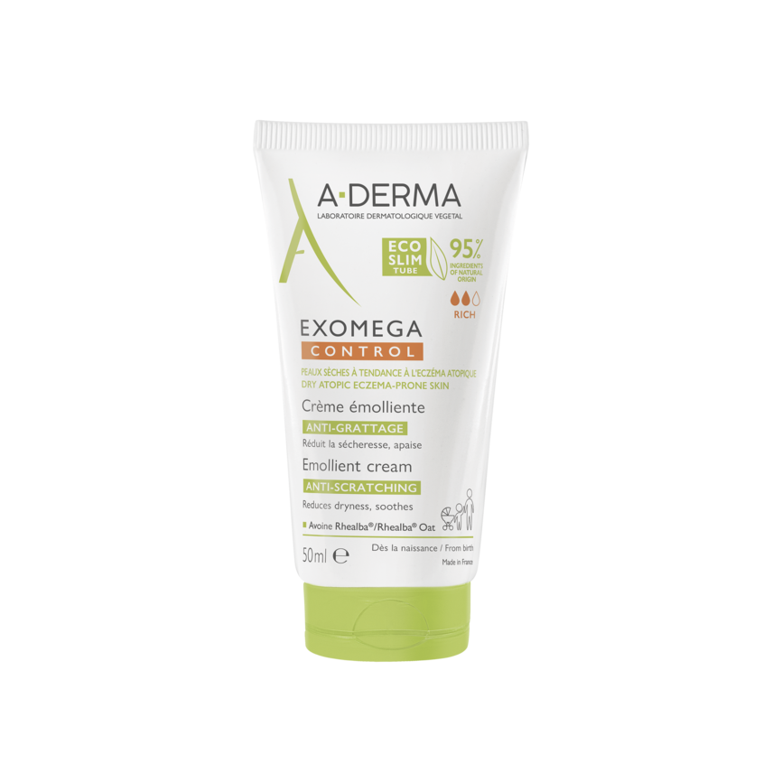 A-Derma Exomega Control Emollient Cream i en liten hvit tube med grønt lokk, egnet for tørr og eksemutsatt hud.