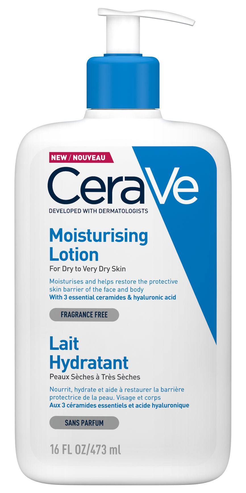 Bilde av en pumpeflaske med CeraVe Moisturising Lotion 473 ml. Pumpeflasken er hvit og blå.