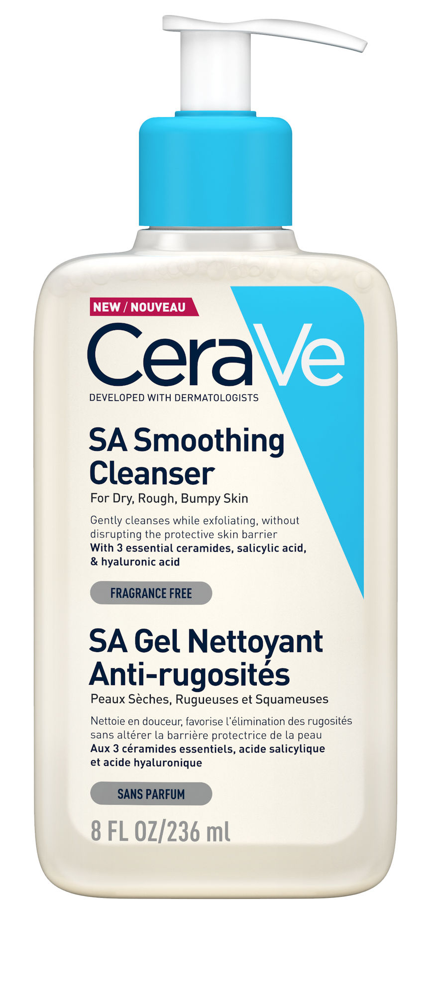 Et produktbilde av CeraVe SA Smoothing Cleanser, en rensegel for tørr, ru og ujevn hud. Flasken har en pumpe og er hvit med blå detaljer. Produktet er uten parfyme og inneholder 3 essensielle ceramider, salisylsyre og hyaluronsyre for å eksfoliere og rense huden uten å skade hudens beskyttende barriere. Flasken rommer 236 ml.