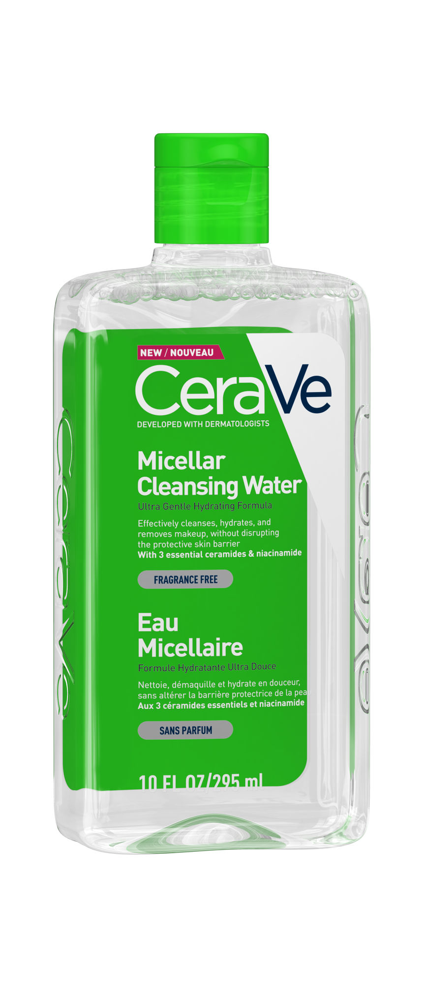 Et produktbilde av CeraVe Micellar Cleansing Water, en micellær rensevann for skånsom fjerning av sminke og rensing av huden. Flasken har en grønn kork og gjennomsiktig kropp med grønn etikett. Produktet er uten parfyme og inneholder 3 essensielle ceramider og niacinamid for å rense og hydrere uten å skade hudens beskyttende barriere. Flasken rommer 295 ml.