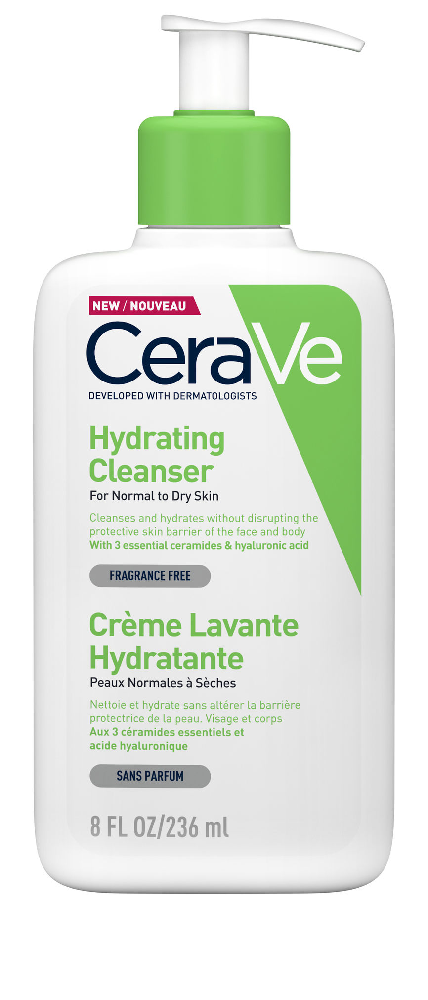 Bildet viser en pumpeflaske med CeraVe Hydrating Cleanser, en rens som fukter huden uten å skade hudens beskyttende barriere. Denne duftfrie rengjøringskremen inneholder tre essensielle ceramider og hyaluronsyre, utviklet for normal til tørr hud.