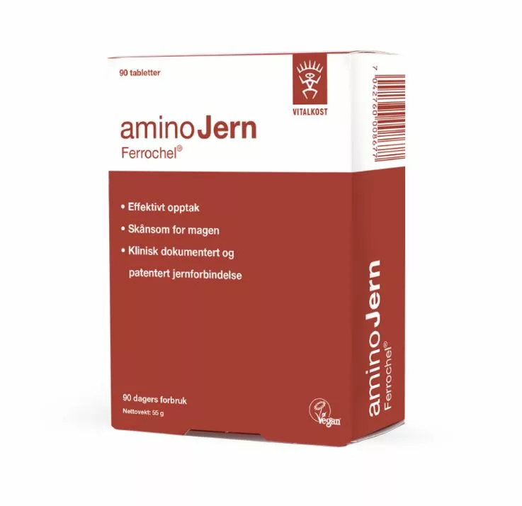 Aminojern Ferrochel jerntilskudd 25mg tabletter 90stk