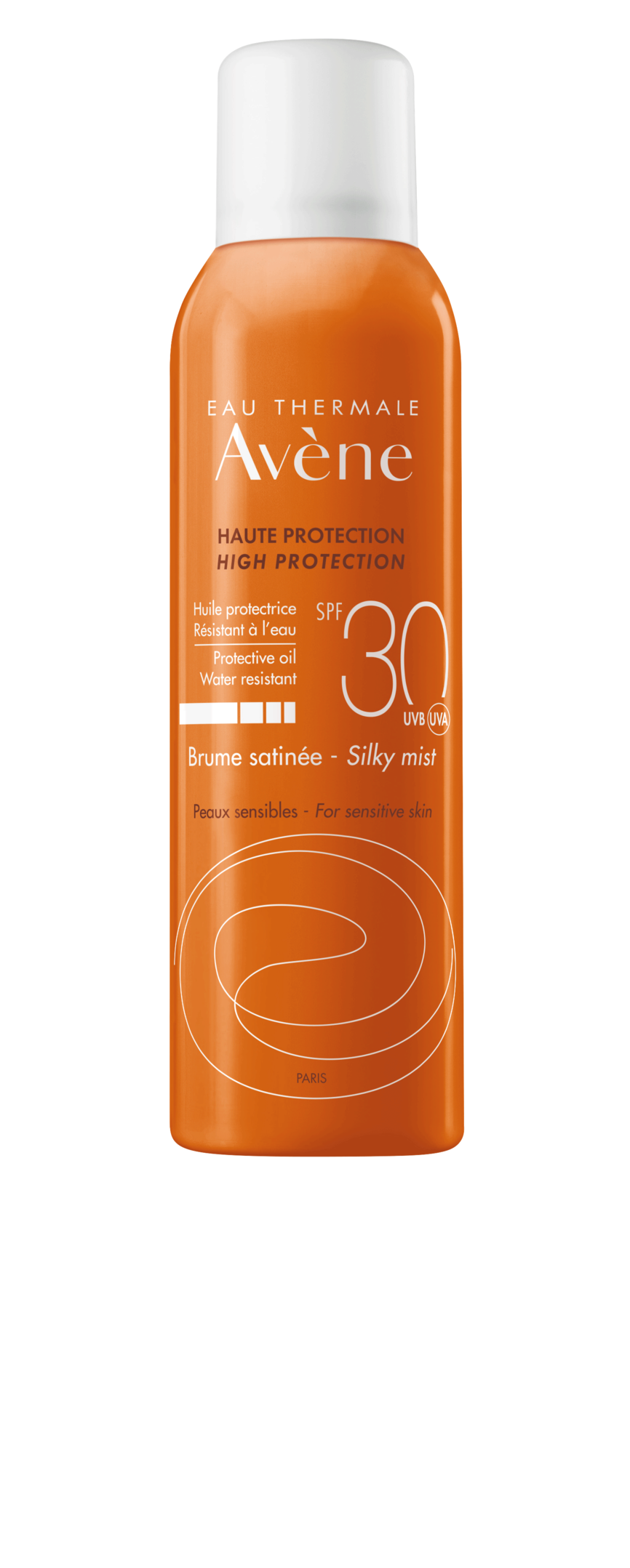 Bilde av sprayflaske med Avène Sun Mist SPF 30 150 ml. Flasken er oransje. 