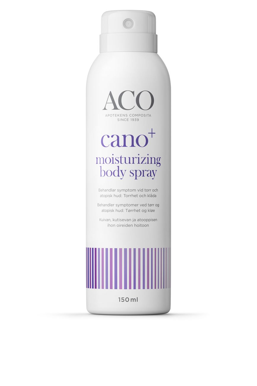 Bilde av en sprayflaske med ACO Cano+ moisturizing body spray 150 ml