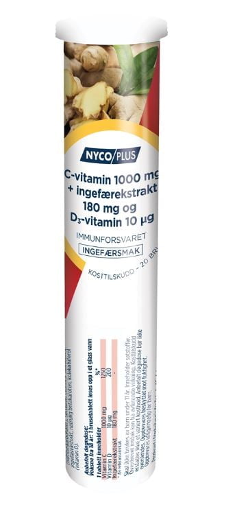 Nycoplus C-vitamin 1000 mg + ingefærekstrakt og D3-vitamin Ingefær 20 brusetabletter