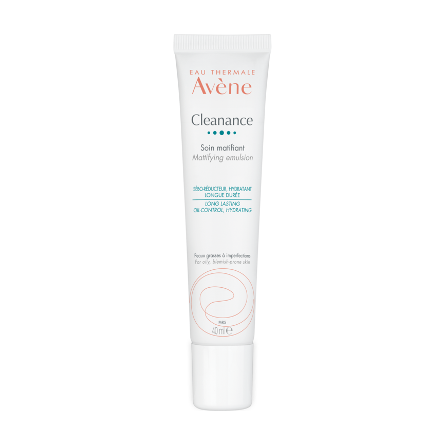 Bilde av en tube med Avène Cleanance Mattifying Emulsion 40 ml. Tuben er hvit. 