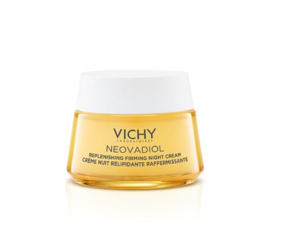 Bilde av en krukke med Vichy Neovadiol Replenishing Firming Nattkrem 50 ml. Krukken er gul. 