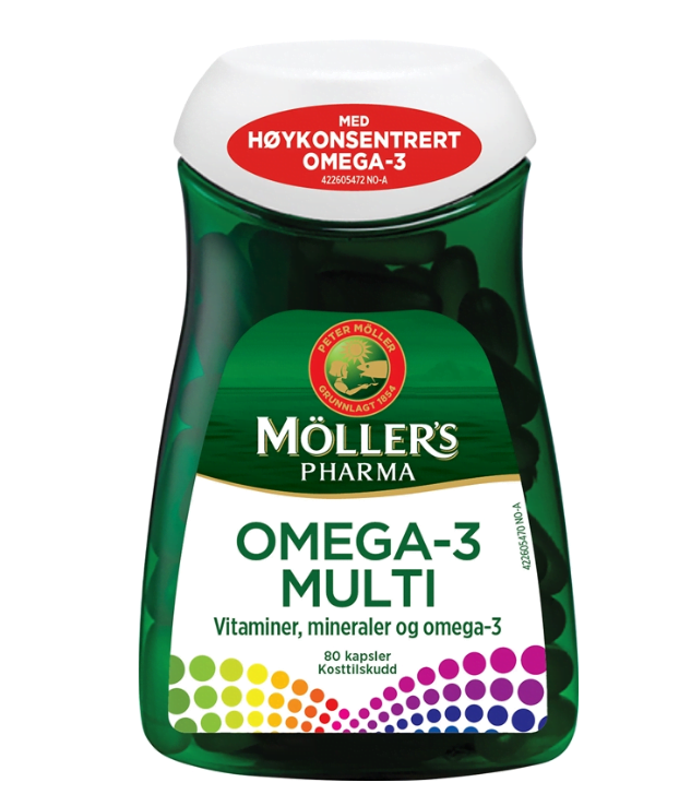 Bilde av en boks med Møllers Pharma Omega-3 Multi kapsler 80stk