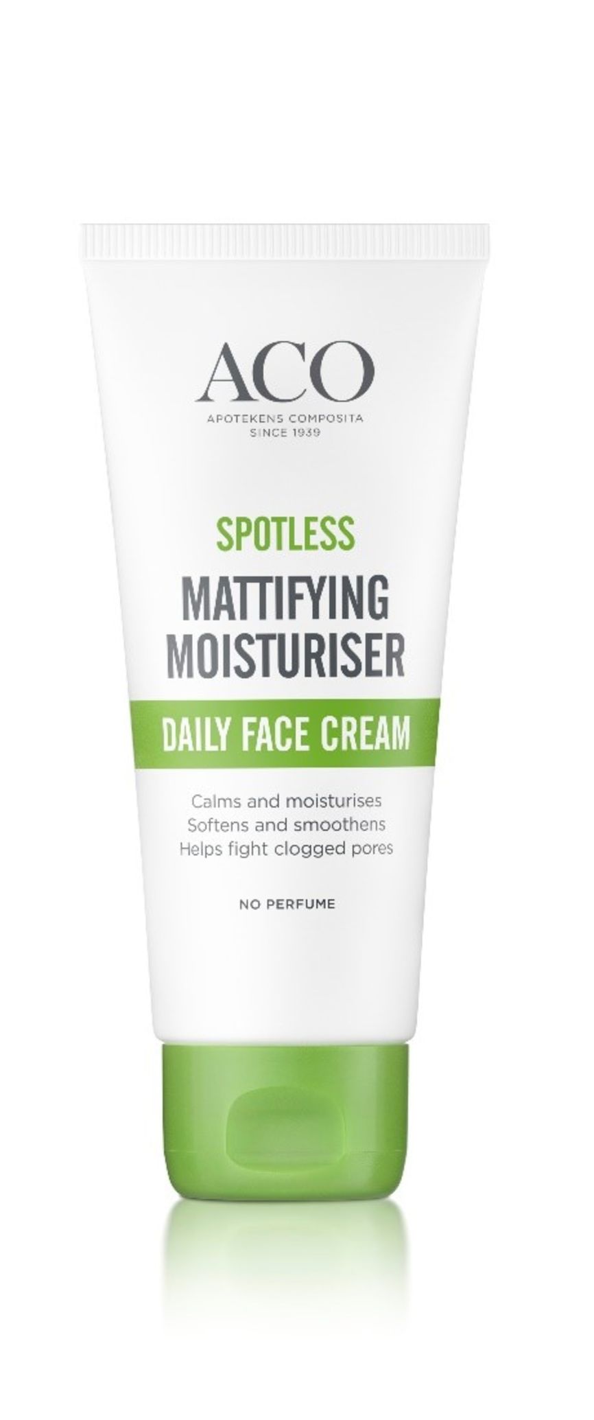 ACO Spotless Mattifying Moisturiser Daily Face Cream i en tube som hjelper til med å fukte og mattere huden. Inneholder ingen parfyme