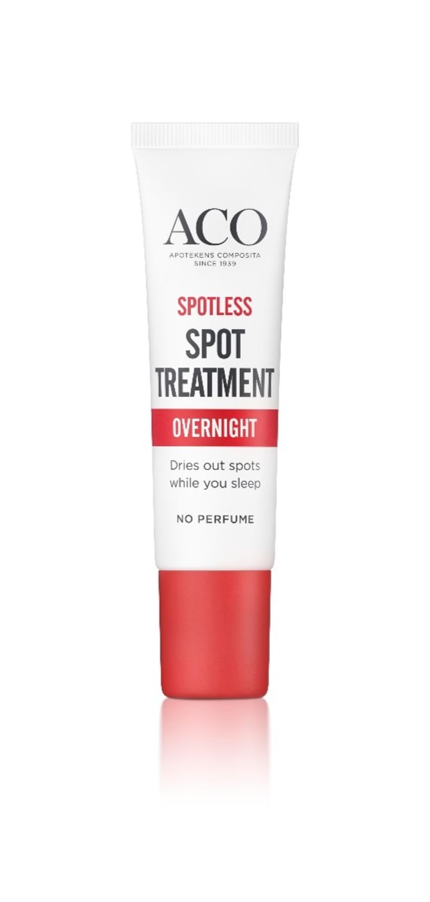 Et produktbilde av ACO Spotless Spot Treatment Overnight, som tørker ut kviser mens du sover. Produktet er uten parfyme