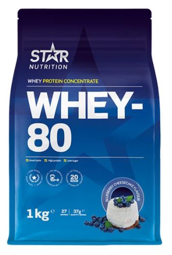 Bilde av en pakke med Whey-80 Proteinpulver 1 kg - Blueberry Cheesecake