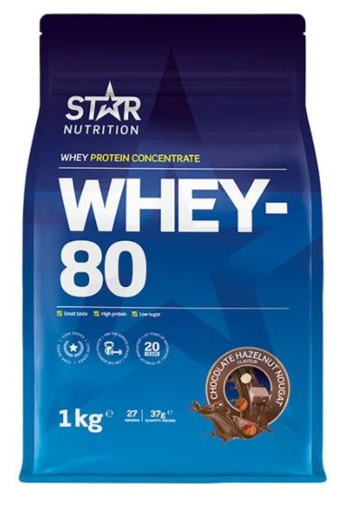 Bilde av en pakke med hey-80 Proteinpulver 1 kg - Chocolate Hazelnut Nougat