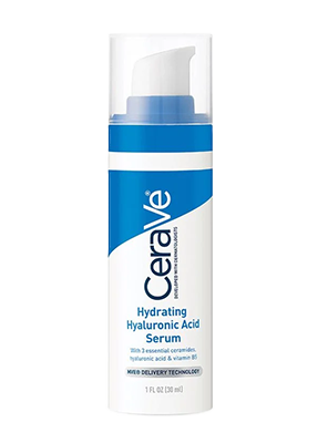 Bilde av en flaske med CeraVe Hydrating Hyaluronic Acid Serum. Flasken er hvit og blå.