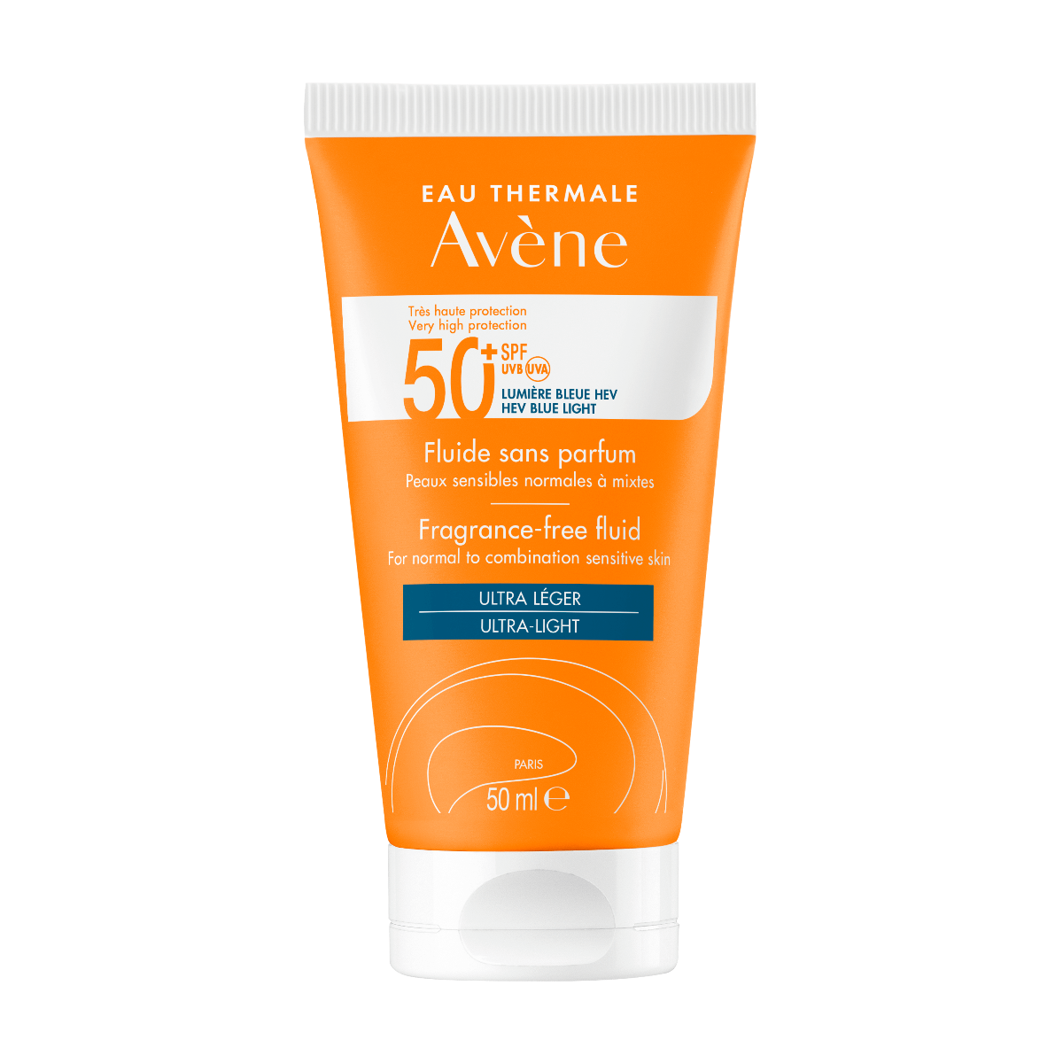 Bilde av en tube med Avène Sun Fluid 50+ solkrem ansikt 50 ml. Flasken er oransje. 