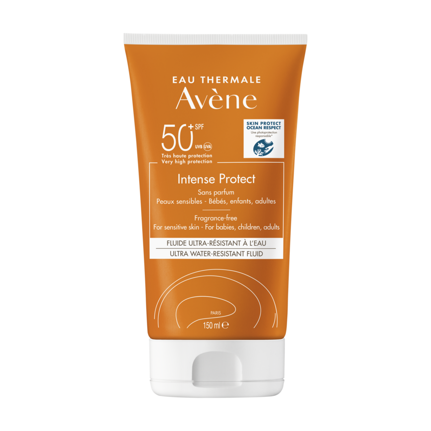 Bilde av en tube med Avène Sun Intense Protect solkrem SPF 50+ 150 ml. Tuben er oransje. 