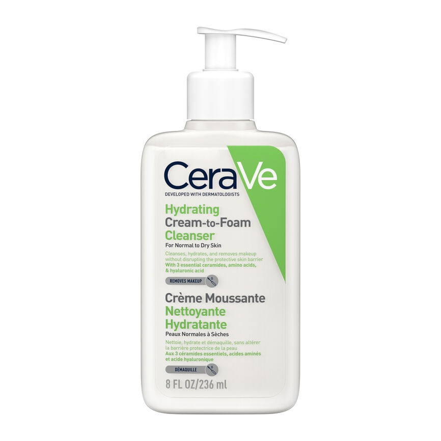 Bilde av en pumpeflaske med CeraVe Hydrating Cream To Foam Cleanser. Flasken er gjennomsiktig og grønn.