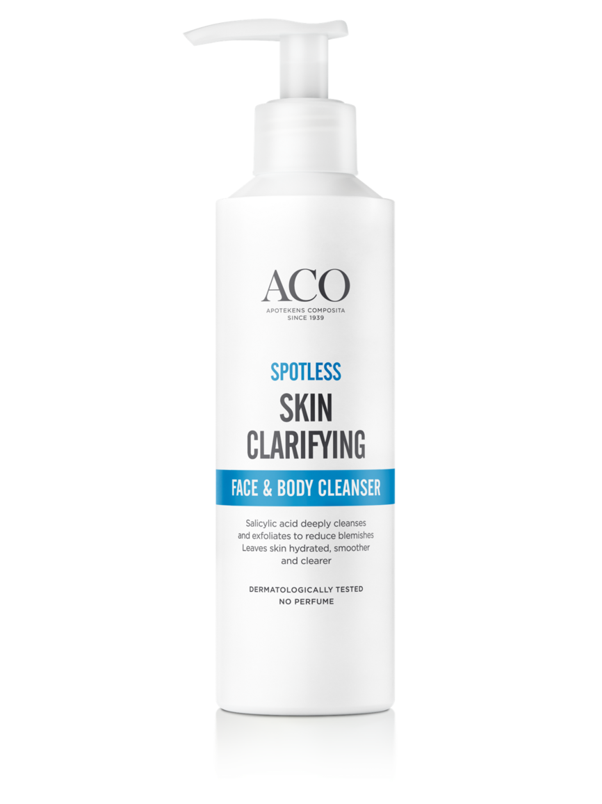 ACO Spotless Skin Clarifying Face & Body Cleanser-flaske for rengjøring av ansikt og kropp. Inneholder salisylsyre for dyprengjøring og eksfoliering, uten parfyme