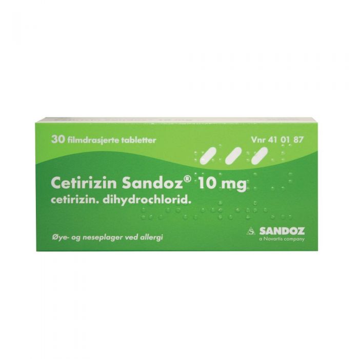 Bilde av cetirizin sandoz 10 mg pakningen som er grønn i farge.